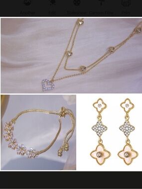 3 NEW 14K Gold Plated Diamond Heart Layer Necklace, Diamond Clover Drop Earrings